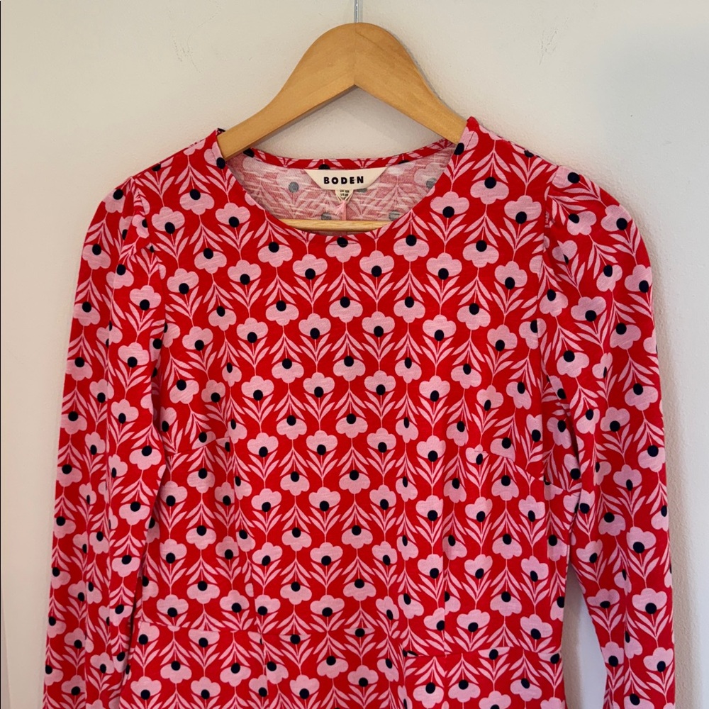 BODEN Women’s Petal Head Block Print Red Navy Blue Jersey Preppy Fall Size 8R - Picture 2 of 7